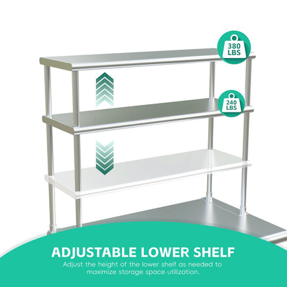 STABLEINK NSF Stainless Steel Double Overshelf for Prep & Work Table 12x36 Inches, 2 Tier Rack Shelves for Commercial Restaurant, Home Kitchen, Laundry and Garage