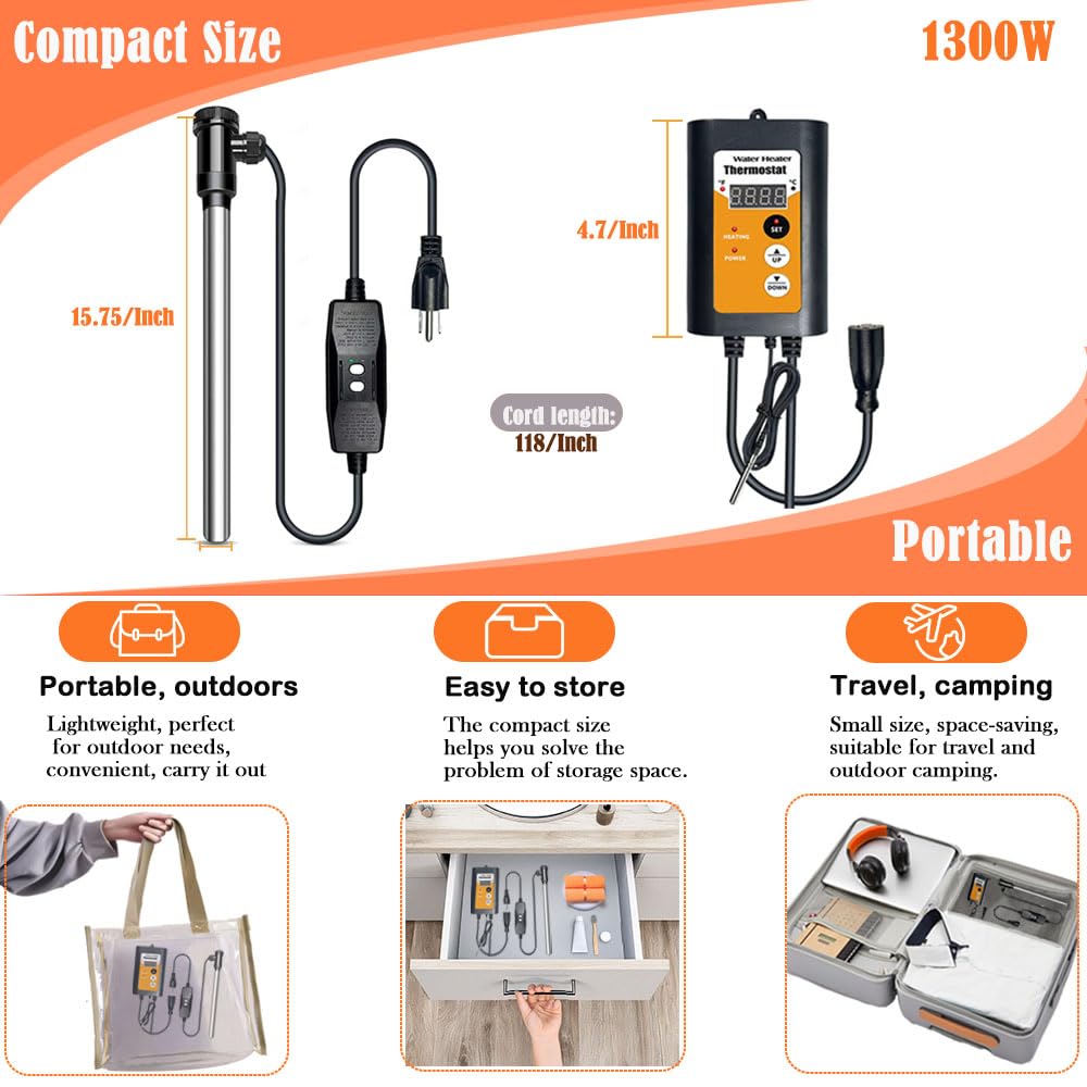 1300W Submersible Immersion Heater，120V Portable Water Heater for Bathtub & Hot Tub with Thermostat for Bath Water, Inflatable Spas, and Tubs, Baptistry, Baptismal Pool Water Heater