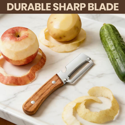 Skiennix Multi-Functional Vegetable Peeler - 2-in-1 Stainless Steel with Wooden Handle & Bottle Opener | 2 Pack
