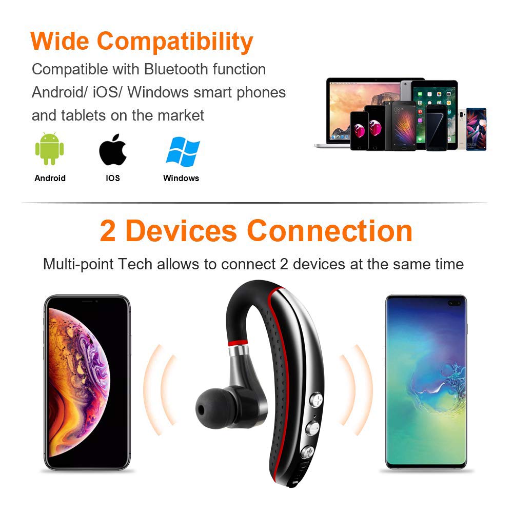 LSAPT Bluetooth Headset V5.0,Wireless Bluetooth Earpiece with Noise Canceling Mic for Cell Phone,Business Earphone for Driving/Trucker/Office,Sweatproof Headset for Android/iPhone-RED