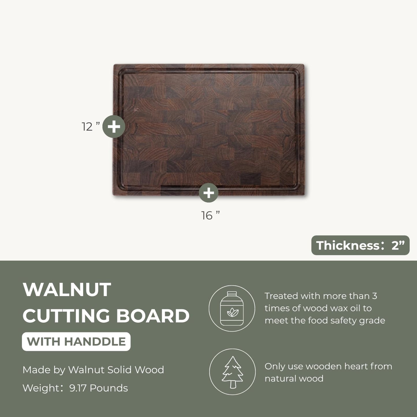 muso wood End Grain Cutting Board, Black Walnut Wood, 2" Thick Dual-Sided Wooden Chopping Board with Juice Groove & Handle - Idea for meat cutting, vegetable dicing, and fruit processing, 16 x 12 inch