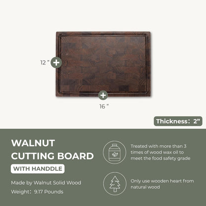 muso wood End Grain Cutting Board, Black Walnut Wood, 2" Thick Dual-Sided Wooden Chopping Board with Juice Groove & Handle - Idea for meat cutting, vegetable dicing, and fruit processing, 16 x 12 inch