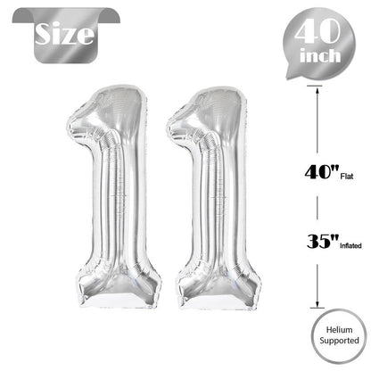 Silver Number 11 Balloon 40 inch, 11 Number Balloons, 11th Silver Birthday Decorations for Girls Boys Kids, 11 Year Old Silver Party Supplies