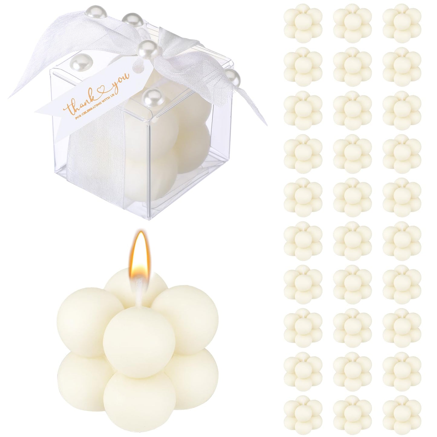 Nuanchu 30 Sets Bridal Shower Favors White 1.6" Mini Bubble Candles Wedding Favors Gifts for Guests Aesthetic Bubble Candles Baby Shower Favor with Thank You Card Ribbon for DIY Baptism Gift