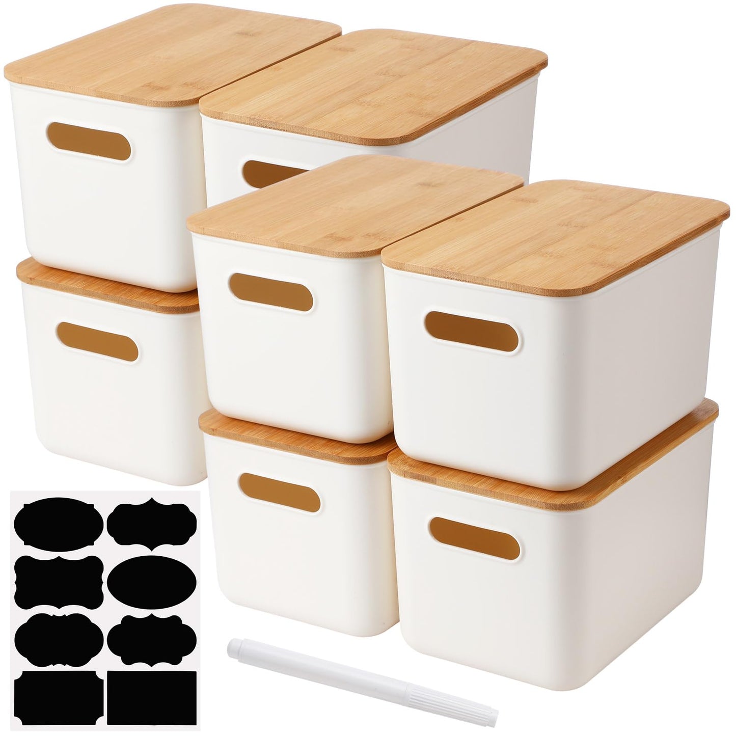 Beeveer 8 Pcs Storage Bins with Lids Plastic Storage Containers with Bamboo Lids Medicine Cabinet Organizer Handle Stackable Organizing Containers Marker 8 Stickers, 10.12 x 7.09 x 6.69 Inch