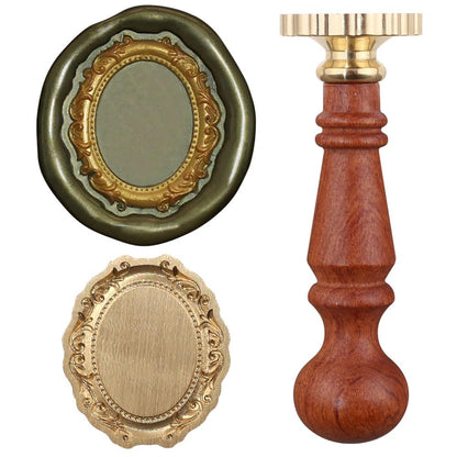 1PCS Wax Seal Stamp Head 1PCS Removable Wooden Handle,3D Embossed Oval Vintage Texture Brass Head Wax Stamp Retro Photo Frame Wax Seal Stamp Kit for Cards Envelopes Wedding Invitations Scrapbooking