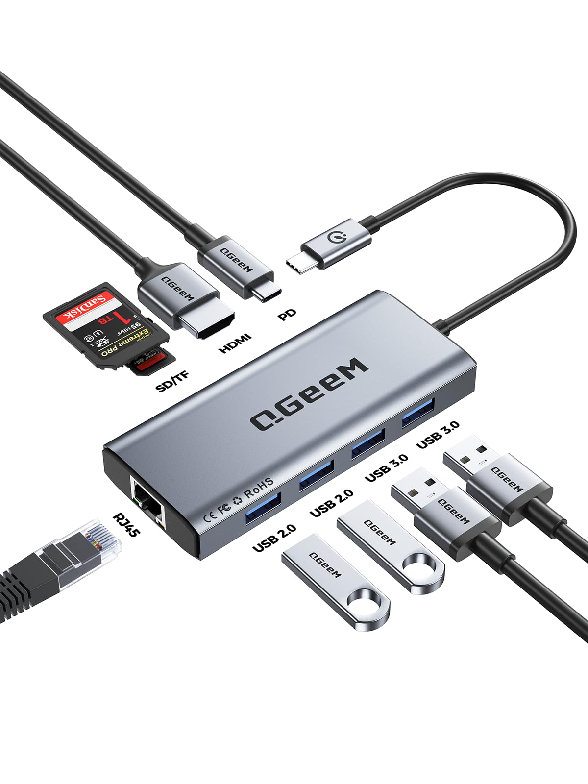 QGeeM USB C Hub Ethernet,9 in 1 USB Type C Hub HDMI Multi-Port Converter Adapter,100W Pd, USB 3.0,SD/TF Card Reader,Compatible for MacBook Pro Air Ipad HP Dell Lenovo Chromebook etc.