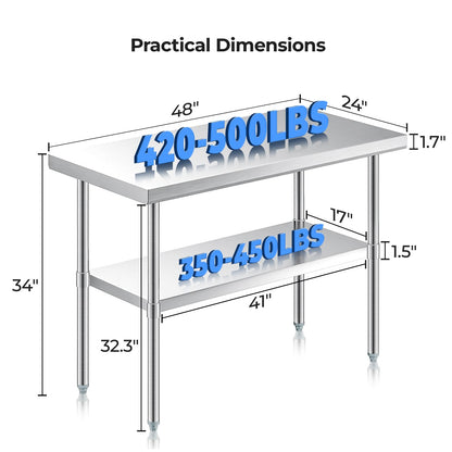 NUUK Stainless Steel Work Table 24" x 48", Commercial Kitchen Food Prep Table with Adjustable Height, Utility Worktable Metal Countertop Work Station for Restaurant, Home and Hotel