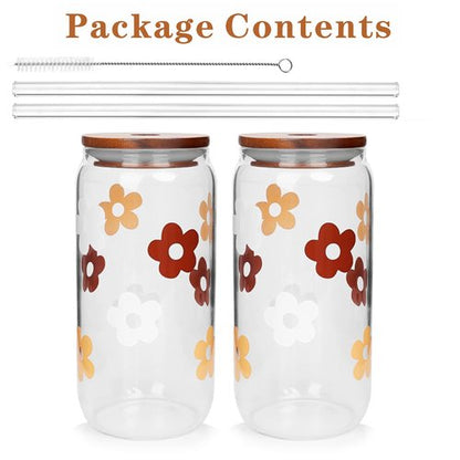 Glass Cups with Lids and Straws, Can Shaped Glass Cups, 20OZ Glass Cups, Drinking Glasses, Iced Coffee Glasses Cup, Smoothie Cups, Tumbler Glass, Reusable Iced Coffee Cup Drinking Glasses -Set of 2