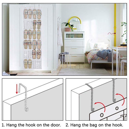 QUMENEY 24 Pockets Over The Door Shoe Organiser, Folding Hanging Organiser Shoe Racks with Hooks, Heavy-Duty Hanging Mesh Shoe Holder for Badroom, Bathroom, Wardrobe (1)