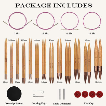 Yarniss Bamboo Circular Knitting Needle with Case,13 Pair Interchangeable Knitting Needles with Flexible Cables 3.5mm~10.0mm, 4-Inch Round Knitting Needle US Size 2.5~15