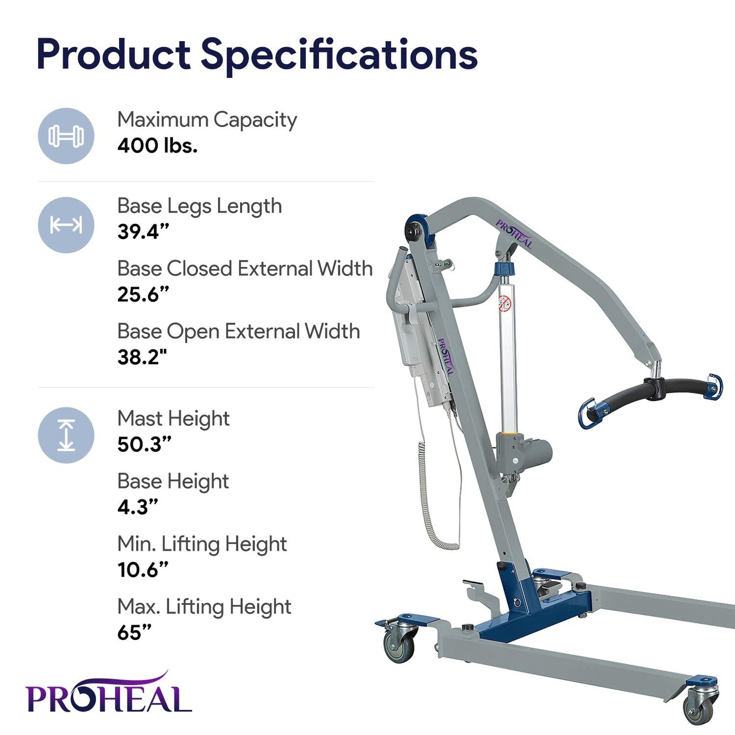 ProHeal Portable Patient Lift - Compact Folding Full Body Patient Transfer Lifter for Home Use and Facilities - Low Bed and Chair Lifting, 400 Pound Weight Capacity, 2 Point Spreader Bar