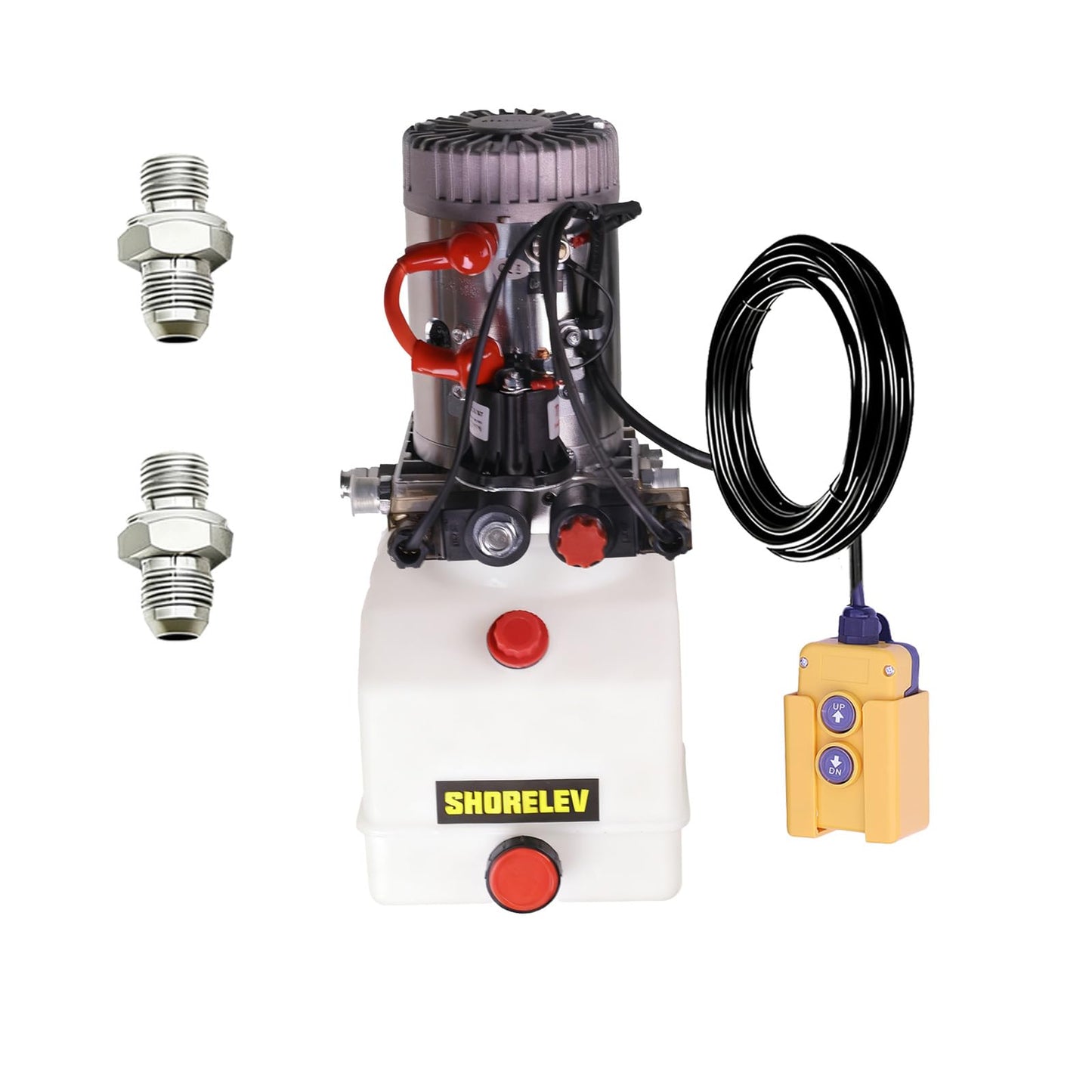 SHORELEV 12V DC Double Acting Hydraulic Power Unit, 4L Plastic Reservoir, for Dump Trailers, Farm Equipment, Utility Trailers, and Marine Applications