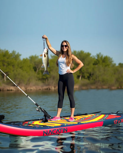 NACATIN 12' Extra Large Inflatable Stand Up Paddle Board with Seat, Wide 36" SUP Board for Adults & Family, with Single/Double Paddle, Kayak Seat, Pump, Stable Wide Deck for Beginners, Lake and River