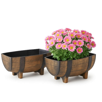 Rustic Half Barrel Planters – Set of 2, Faux Wood Outdoor Flower Pots with Drainage Hole & Feet, Weather-Resistant Polypropylene Garden Containers, 16.25" x 7.5" x 11.75"