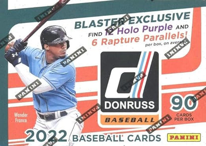 2022 Donruss Baseball MASSIVE EXCLUSIVE Factory Sealed Blaster Box with 90 Cards! Look for Rookies &amp Autos of Wander Franco Plus Exclusive Purple &amp Rapture PARALLELS!