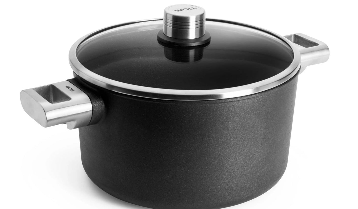 Woll ECO LOGIC PRO 8-Pc Cookware Set: 9.5" & 11" fry pans, 11" sauté pan, 7" saucepan, 9.5" stockpot + 3" lids. Made in Germany, Cast aluminum, Stainless Steel Handles, PFAS-free Diamond QXR nonstick.