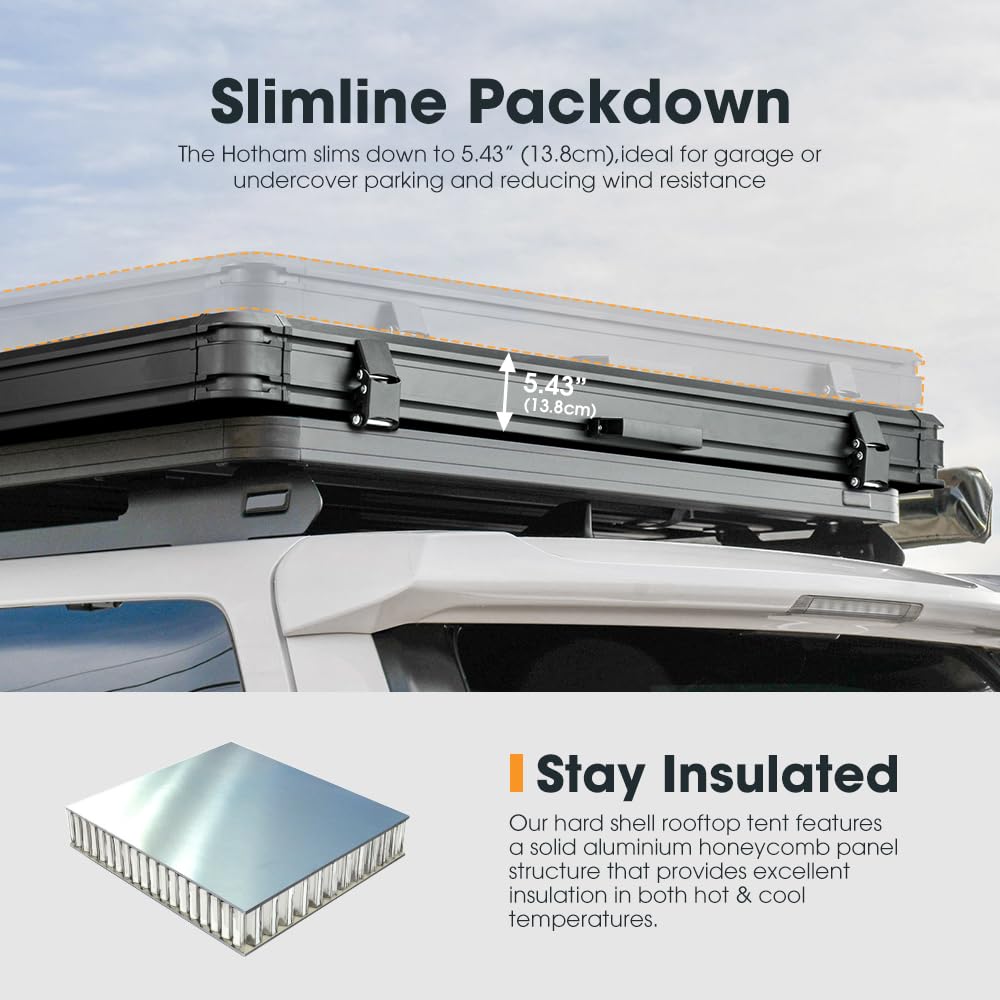 Sanhima Rooftop Tent Hard Shell - Hotham Overland Aluminium Roof Top Tent w/Larger Space, LED Strip Light & Skyview Window, 2” Thick Mattress, for Car SUV Truck Camping, 2-3 People, Gray