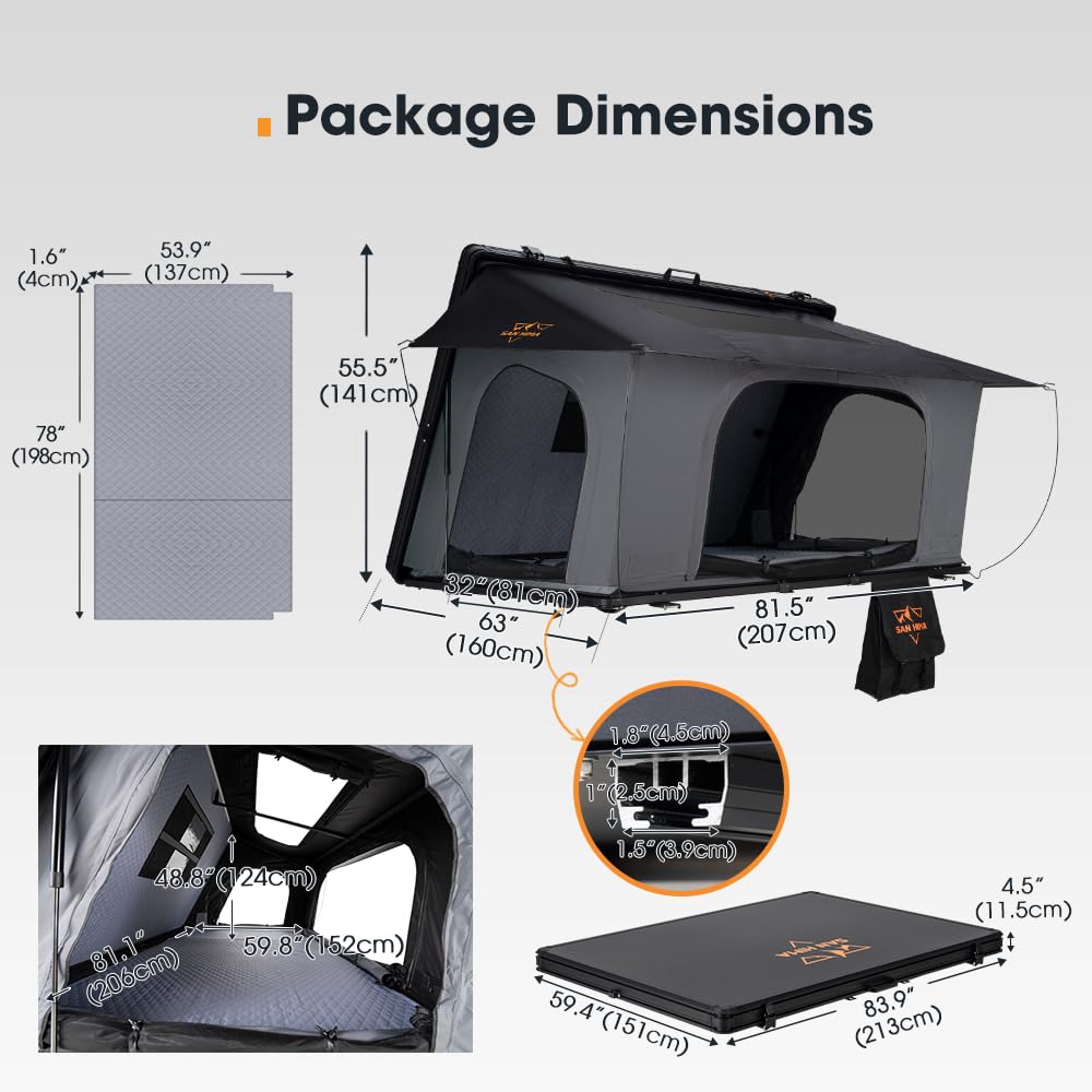 SanHima Rooftop Tent Hard Shell - Hotham Side Overland Aluminium Roof Top Tent Side-Open Design, Larger Space, Tri-Color LED Light & Skyview Window, for 2-3 People Car SUV Truck Camping