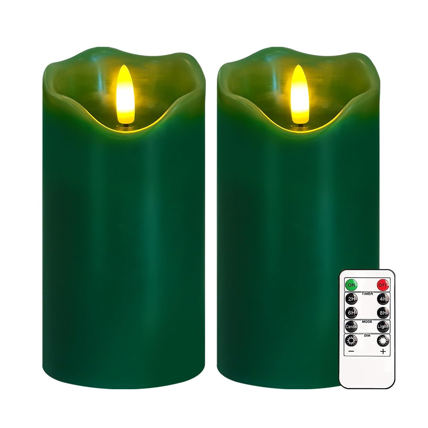 VEEKI Flameless Candles Light, Set of 2 6"x3" Flickering Christmas Flameless Candles with Remote & Timer, Dimmable Real Wax Pillar Candles Battery Operated, Green Candles for Home Xmas Decor (Green)