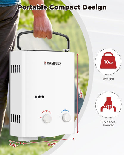 CAMPLUX 5L Portable Tankless Water Heater, 1.32 GPM Outdoor Propane Shower for Camping, RV, Off-Grid, Instant Hot Water with Folding Handle, Overheat Protection, Low Pressure Startup, AY132, White