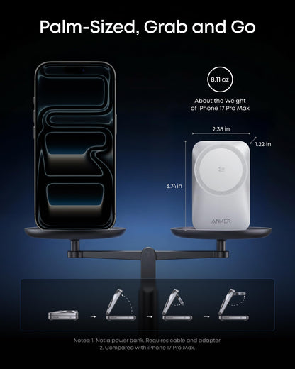 Anker Prime Foldable MagSafe Charger, 25W Qi2.2-Certified Palm-Sized Travel-Ready 3-in-1 Charging Station, AirCool Wireless Charger, for iPhone 17, Apple Watch, AirPods (Non-Battery, with Adapter)