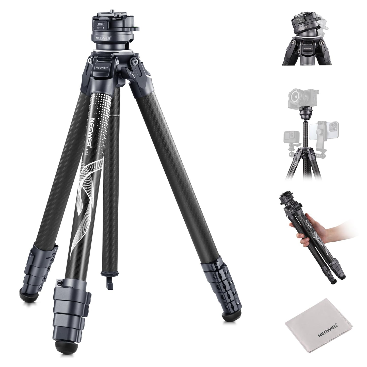 NEEWER LITETRIP LT32 Camera Travel Tripod, Carbon Fiber Portable Stand, Ball Head Detachable Center Axis Flip Buckle Cleaning Cloth Arca QR Plate Compatible with PD (Former TP62)