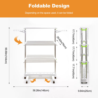 Ergocar Airer Clothes Drying Rack, 4-Tier Foldable Clothes Hanger, Adjustable Stainless Laundry Dryer Hanger, Rolling Clothes Drying Rack with Wheels, for Indoor & Outdoor, White