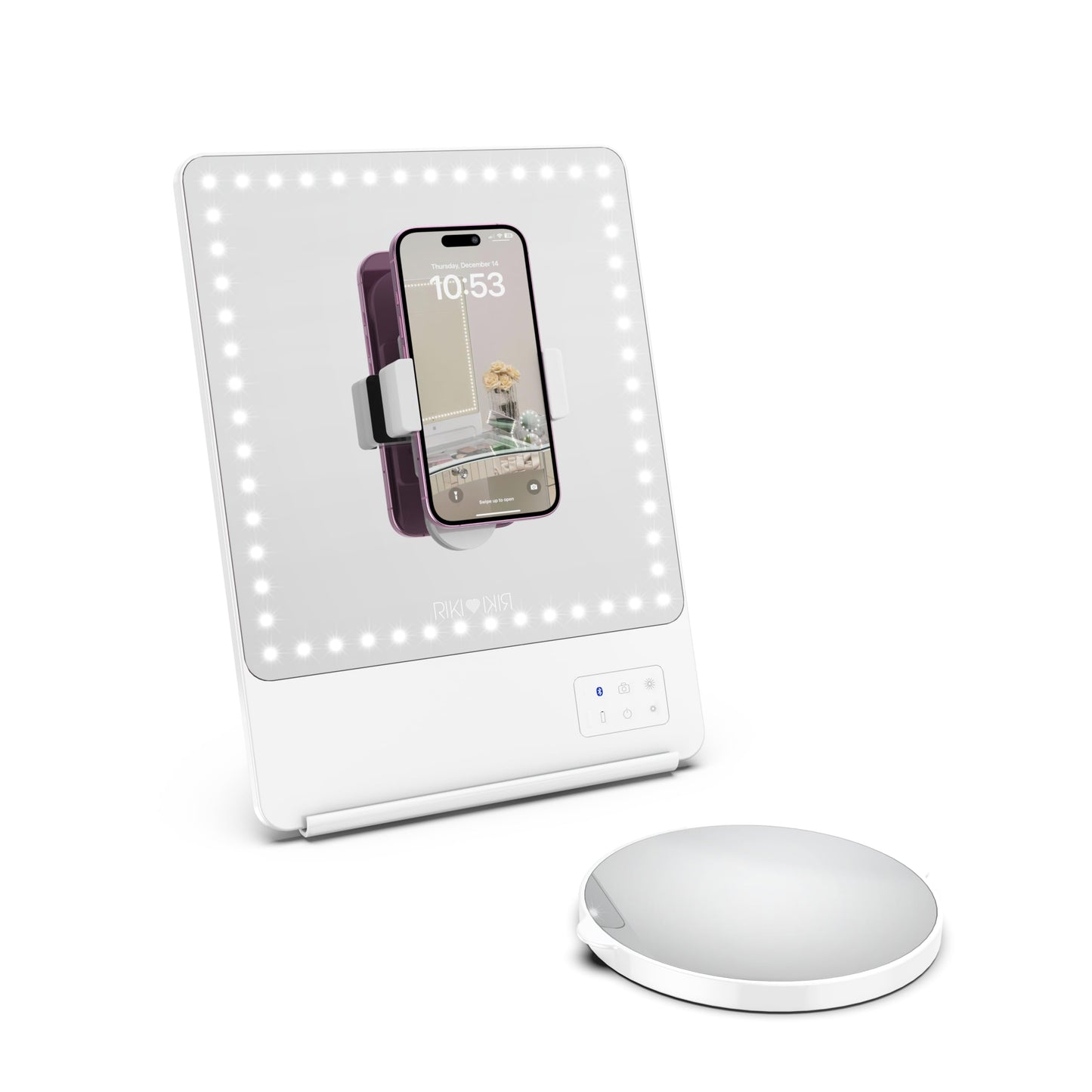 GLAMCOR Riki Skinny Smart Vanity Mirror with HD LEDs, Magnifying Mirror Attachment, Phone Holder and Bluetooth Control (White, 5X Magnification)