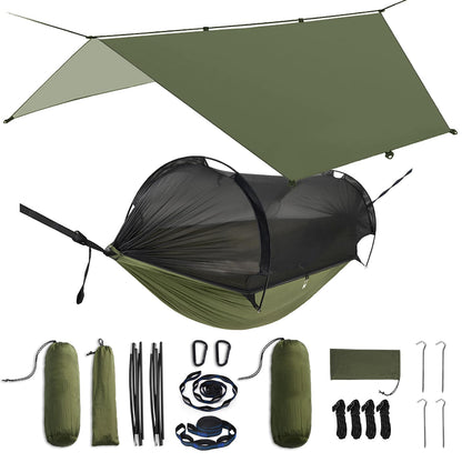 ADVOKAIR Camping Hammock with Mosquito Net and Rain Fly, Up to 500lbs, Ultralight and Portable Nylon Travel Hanging Hammock with Tree Straps, Perfect for Outside, Backpacking, Hiking and Backyard