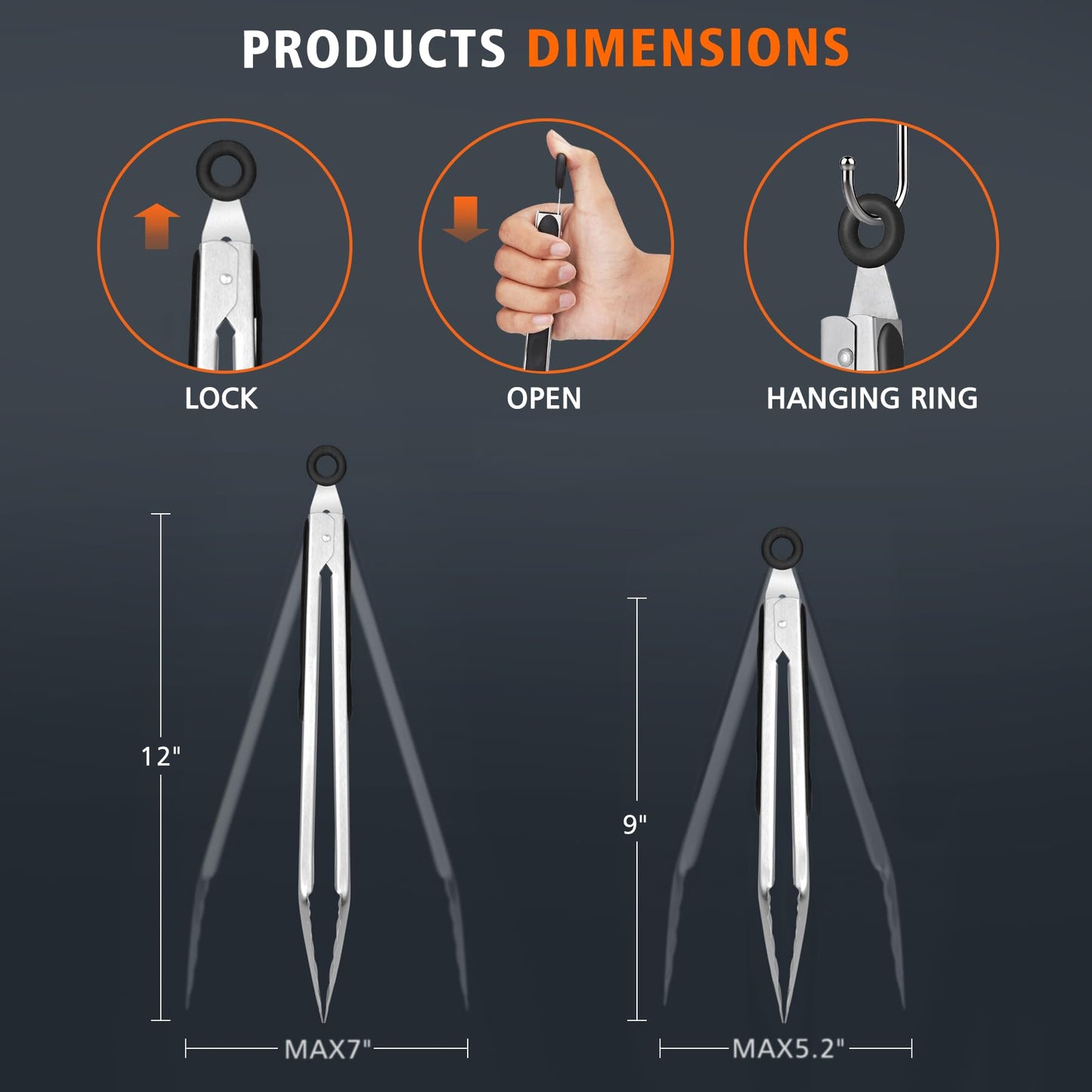Hotec Stainless Steel Kitchen Tongs Set of 2 - 9" and 12", Locking Metal Food Tongs Non-Slip Grip