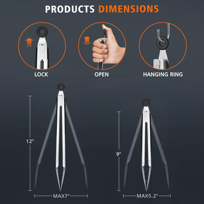 Hotec Stainless Steel Kitchen Tongs Set of 2 - 9" and 12", Locking Metal Food Tongs Non-Slip Grip