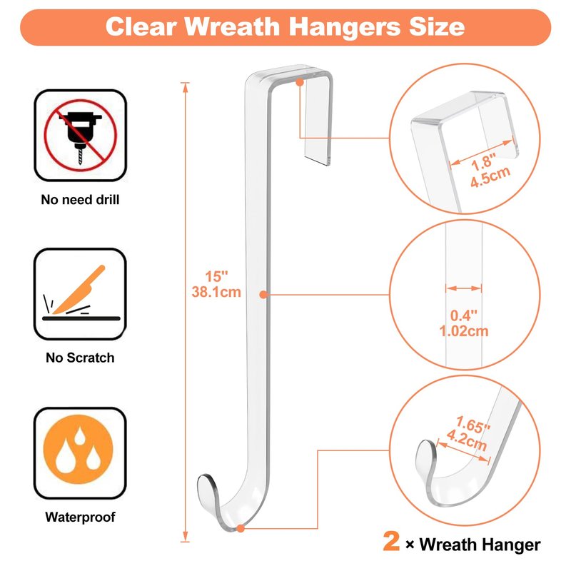 ZYSUN 15" Clear Over The Door Wreath Hanger 2 Pack - Non-Scratch, Heavy Duty 10lb Door Hook for Front Decor, Christmas, Halloween & Year-Round Home Display - Invisible Acrylic Organizer