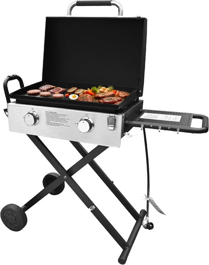 30" Flexible Portable Propane Gas Griddle with Lid – 2 Burners 30,000 BTU Cooking Area Station, 30 Inch Large Griddle with Side Prep Shelf & Rear Grease System for Outdoor BBQ & Camping