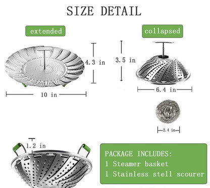 Stainless Steel Veggie Steamer Basket with Folding Handle - Expandable to Fit Pots 6.4" to 10"