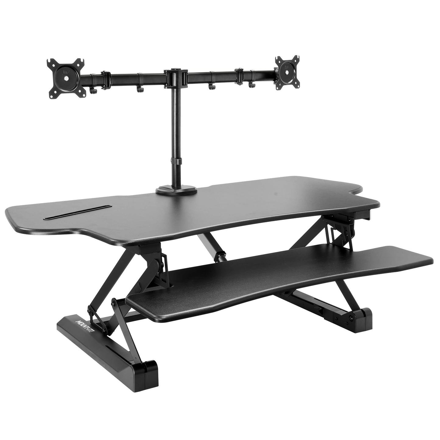 Mount-It! Electric Standing Desk Converter with Dual Monitor Arm, Stand Up Desk Riser X-Large 47.2" Wide, Electric Desk Riser with Mount for 2 Screens (Max 32"), Desktop with Keyboard Tray, USB, Black