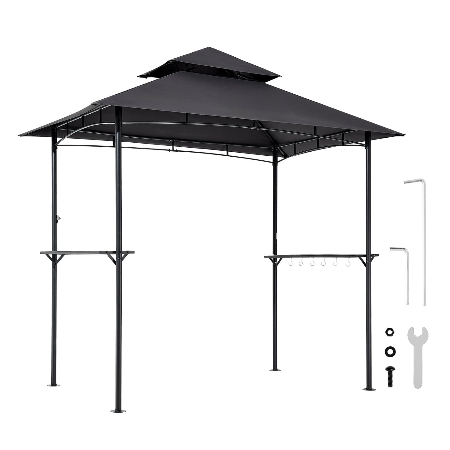 VEVOR Grill Gazebo, 8 x 5 ft Outdoor BBQ Gazebo with Double-Tiered Roof, Powder-Coated Steel Patio Grill Shelter with 2 Side Shelves & 8 Hooks, Grilling Canopy for Patio Backyard Garden Picnic