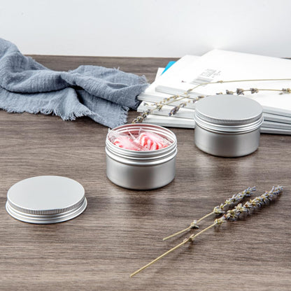 Restaurantware RW Base 4 Ounce Tin Storage Boxes 100 Round Tin Boxes With Lids - Durable Screwable Lids Silver Aluminum Storage Containers Customizable Fits Mints Pills Or Herbs