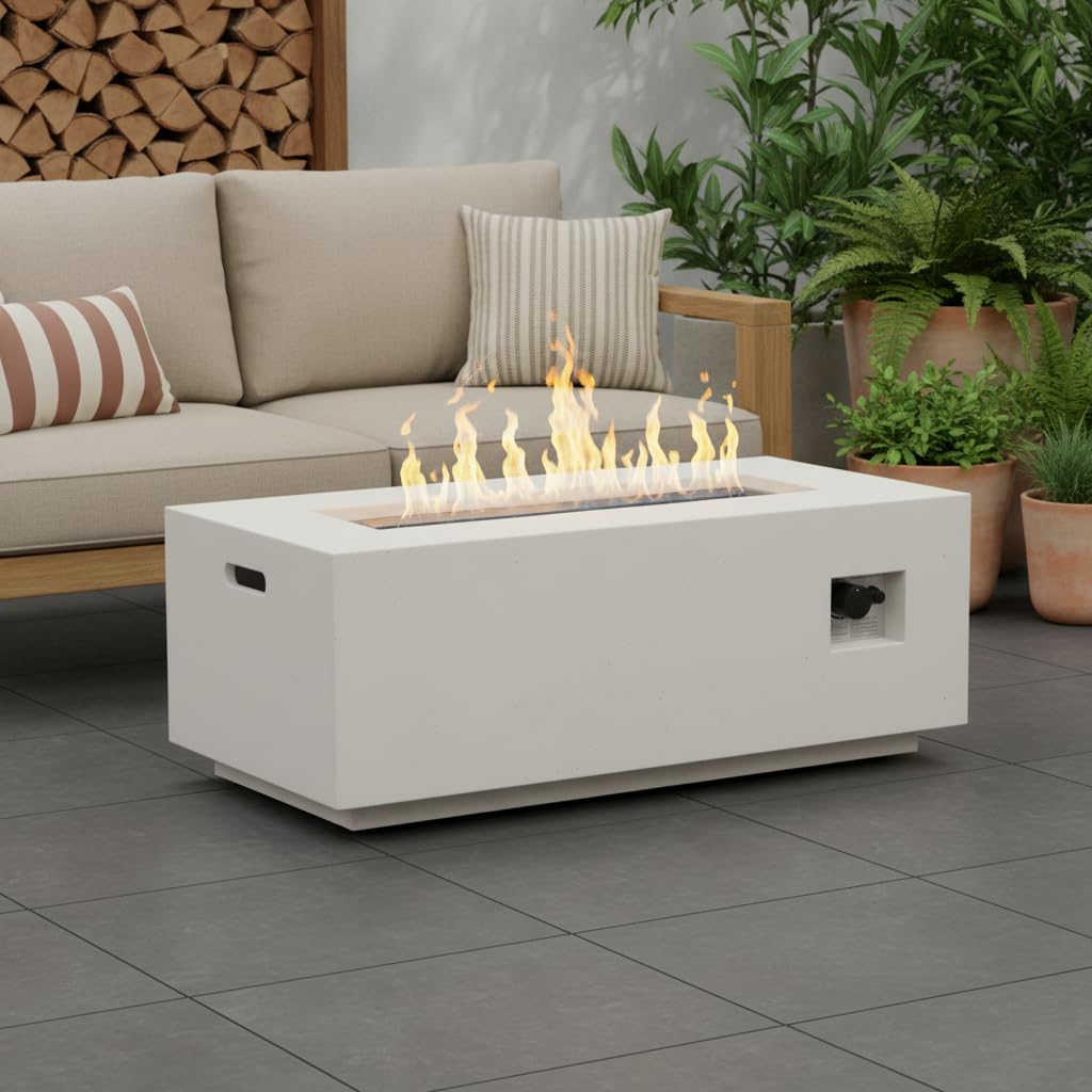 Christopher Knight Home Rado Outdoor Propane Fire Pit Table with Lava Rock, No Assembly Light Concrete Tank Table for Patio, 40000 BTU, Rectangular Tabletop Fire Pit Outdoor, Patio Fire Table, White