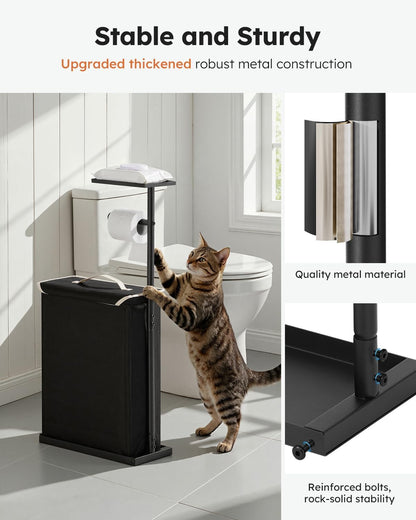 Skiennix 30" H Toilet Paper Holder Stand - Rustproof Free Standing Organizer with Shelf & Basket, Black