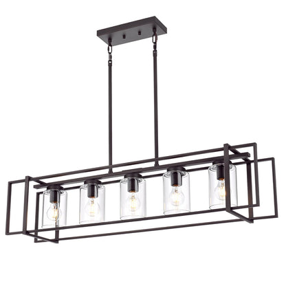 Lucidce 5-Light Industrial Pendant Light, Oil-Rubbed Bronze, Adjustable, Iron, Rectangular Frame, Model 011P-OB, Transparent Glass Shades