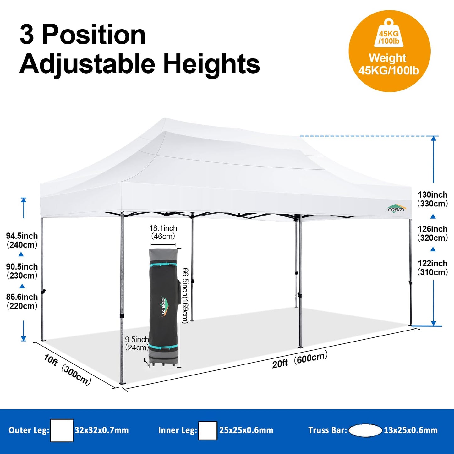 COBIZI 10x20 Pop up Canopy Tent 10x20 Canopy with 6 Sidewalls Waterproof Heavy Duty Commercial Canopy Tent for Parties Outdoor Garden Gazebo, Carry Bag with Wheel(10x20ft, Snow White)
