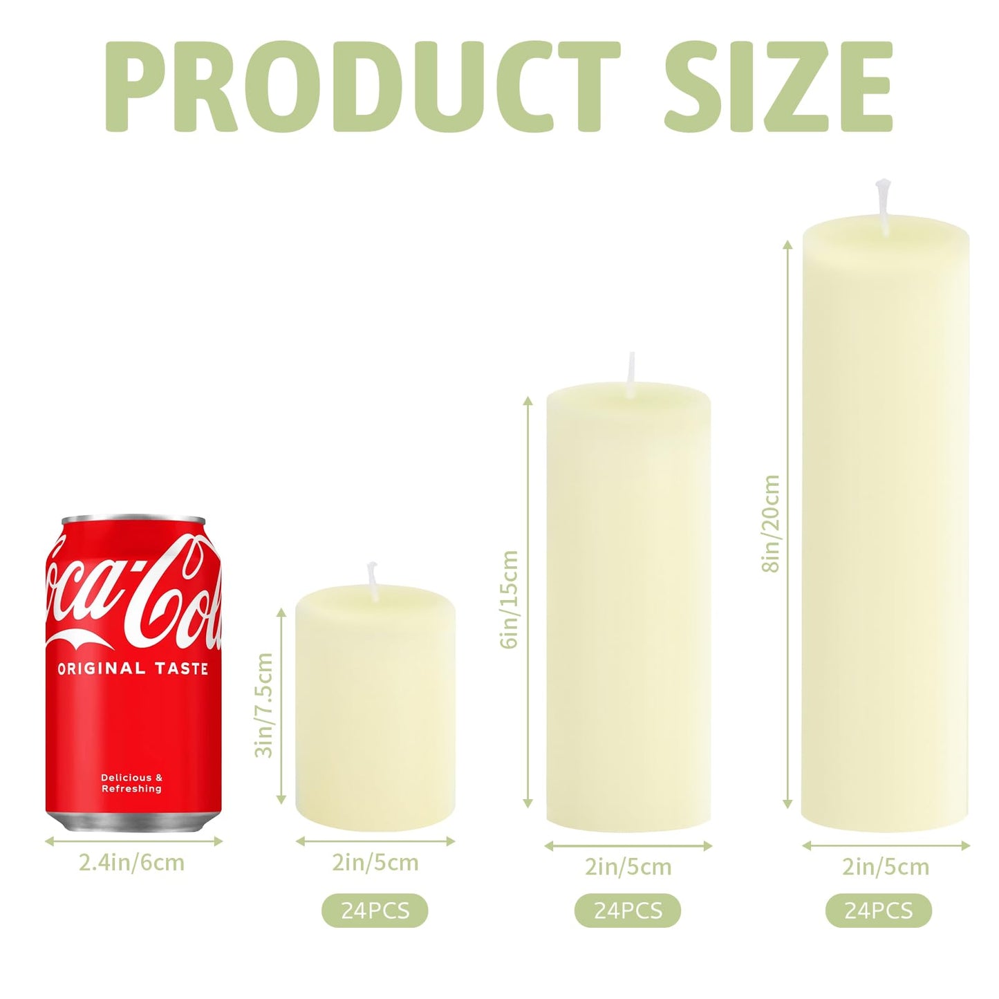Veiuwa 72 Pack Ivory Pillar Candles Bulk Set, 2x3 2x6 2x8 Inch - 24 Each Size, Dripless Smokeless Clean Burning for Wedding Centerpieces, Home Decor, Church, Romantic Ambiance！
