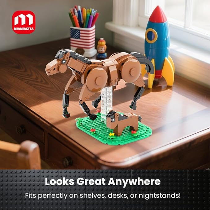 Horse Toys Building Set Realistic Horse Figurines 2-in-1 Mother &amp Foal Horse with Green Base Flowers &amp Grass Creative Animal Building Toy for Kids Ages 6+