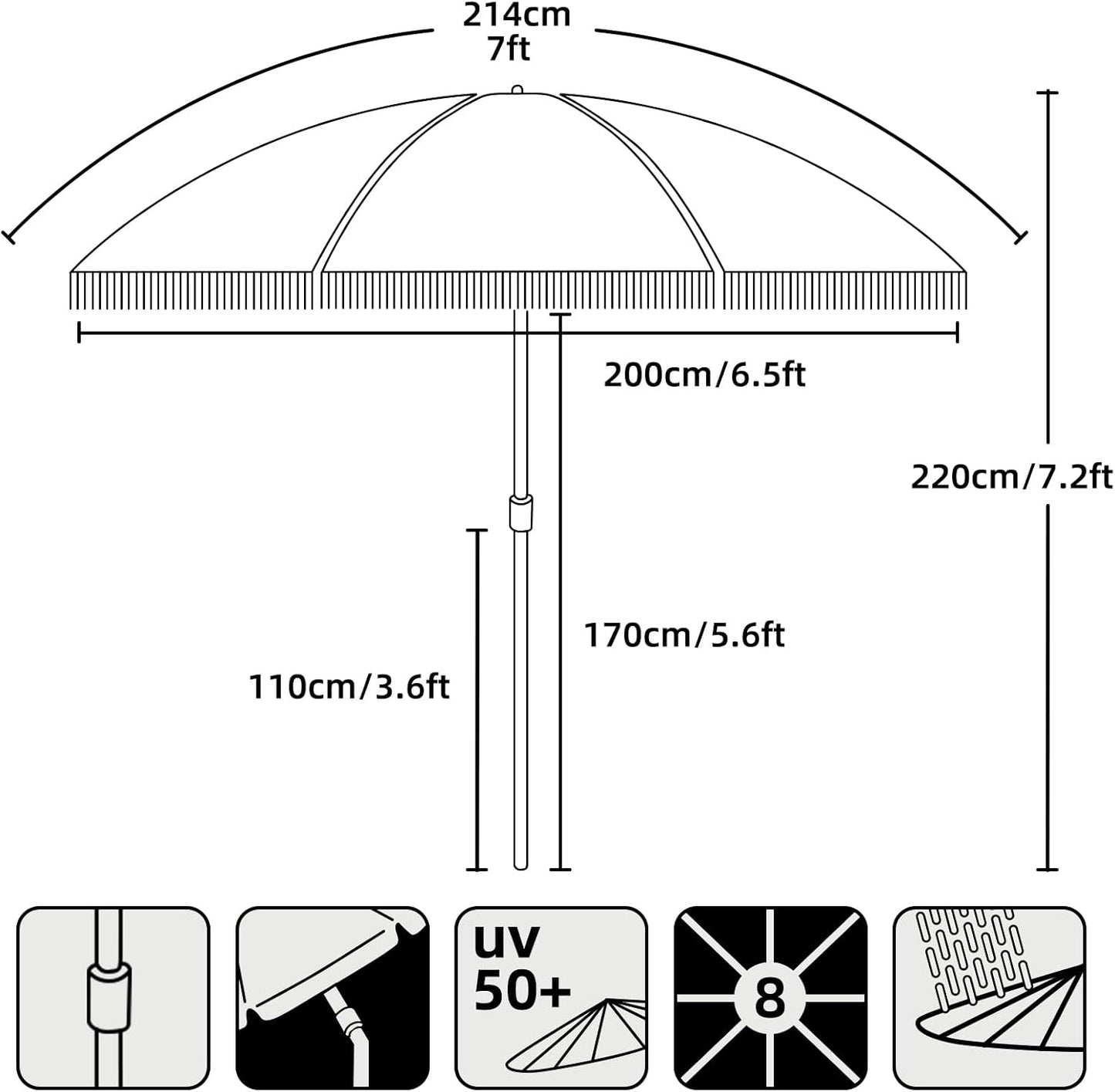 AMMSUN 7ft Patio Umbrella - Outdoor Fringe Umbrella with UPF50+ Protection & Steel Pole | Black
