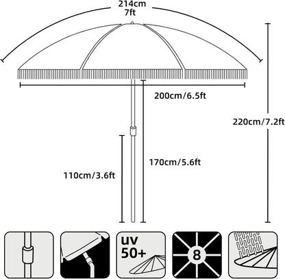 AMMSUN 7ft Patio Umbrella - Outdoor Fringe Umbrella with UPF50+ Protection & Steel Pole | Black