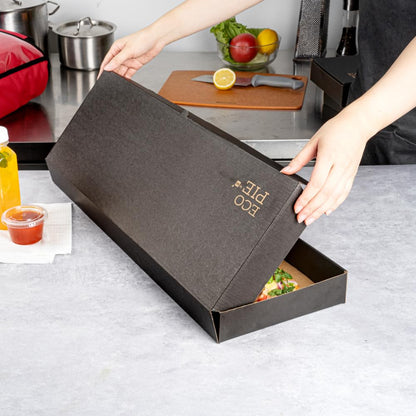 Restaurantware Eco Pie 24 x 12 x 2 Inch Flatbread Takeaway Boxes 50 Sturdy Corrugated Pizza Boxes - E-Flute Design Tab-lock System Black and Kraft Paper Pizza Boxes Disposable For Flatbreads