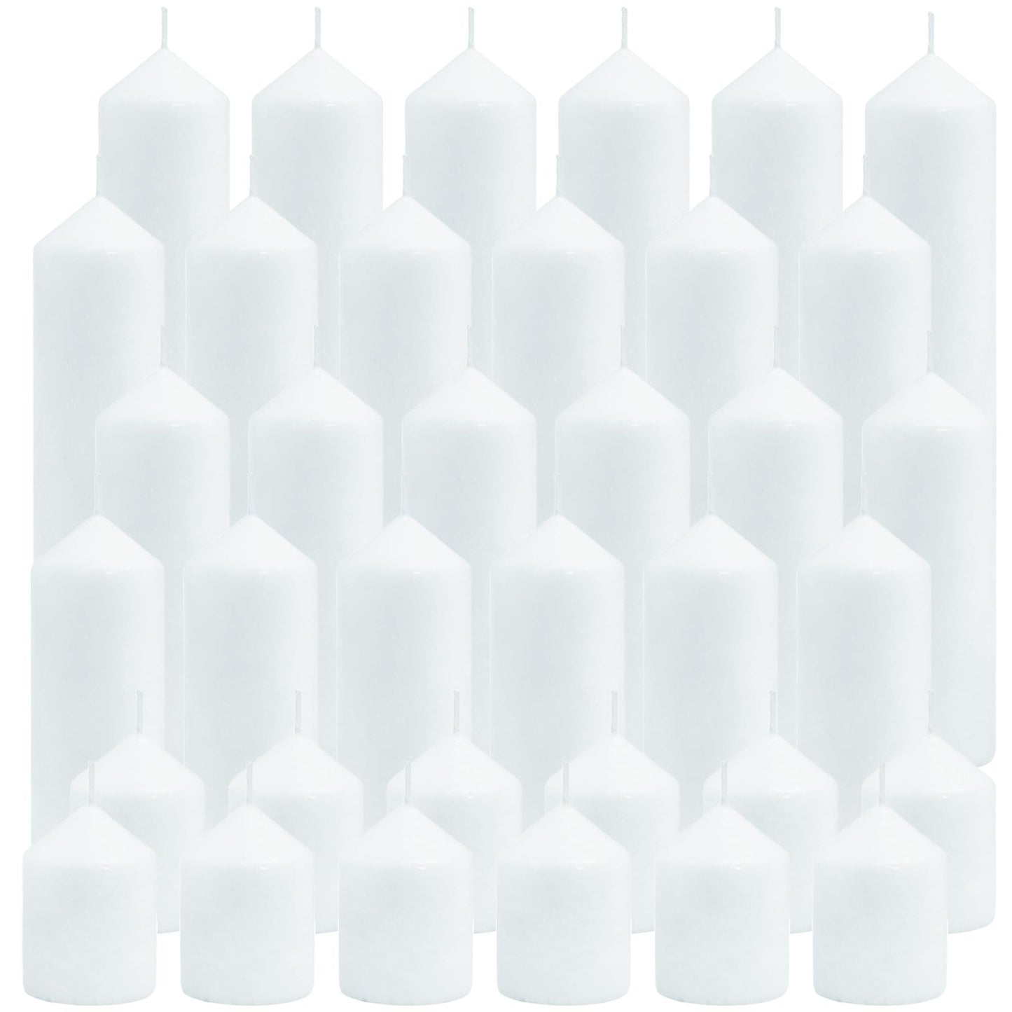 HTTBEIZI Pillar Candles Bulk Set - Unscented, Smokeless, Dripless | 3 Sizes: 2x3, 2x6, 2x8 Inches | Ideal for Weddings, Christmas & Home Decor (36, White)
