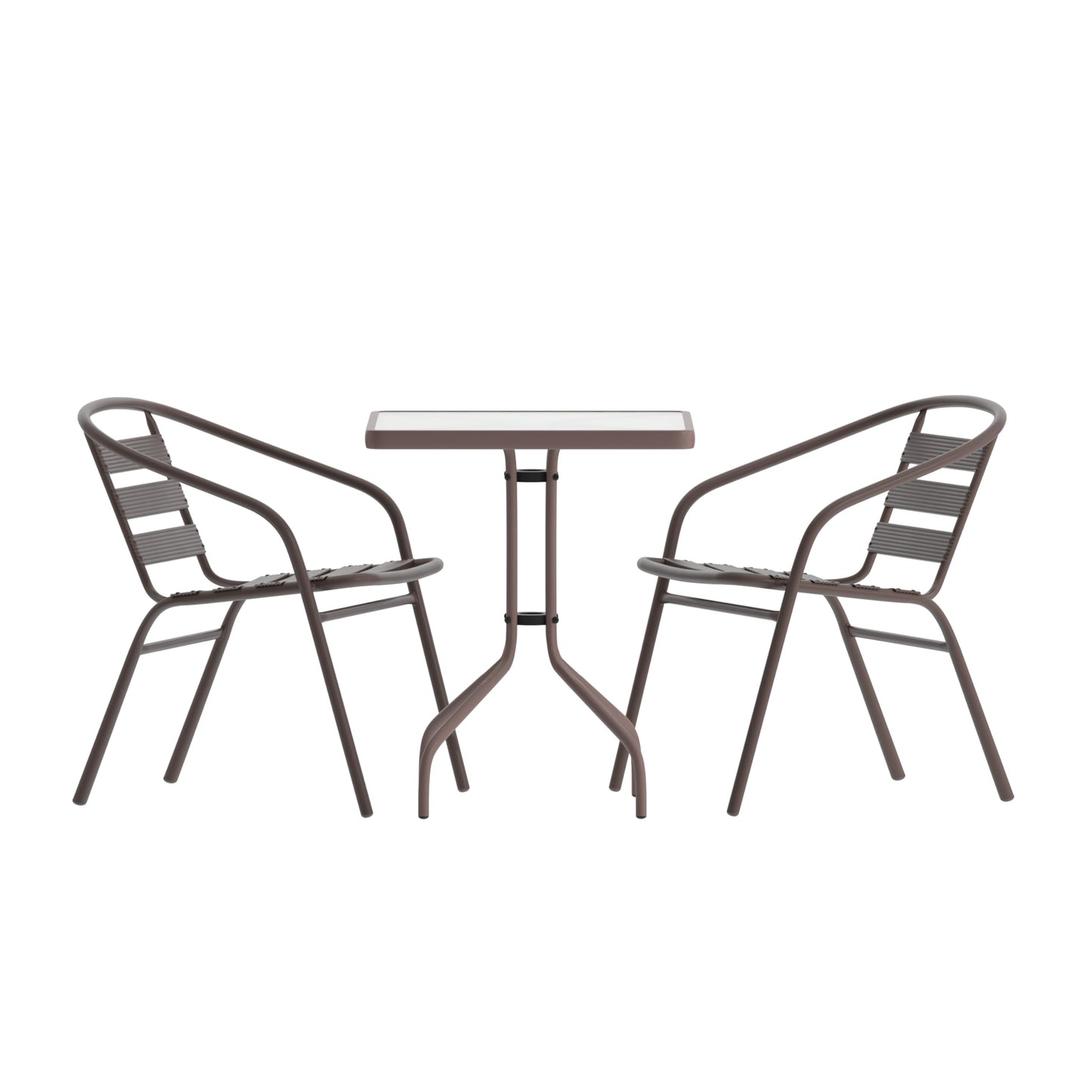 Flash Furniture TLH-0731SQ-017CBZ2-GG Lila 23.5'' Square Glass Table with 2 Metal Aluminum Slat Stack Chairs, Bronze