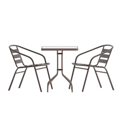 Flash Furniture TLH-0731SQ-017CBZ2-GG Lila 23.5'' Square Glass Table with 2 Metal Aluminum Slat Stack Chairs, Bronze